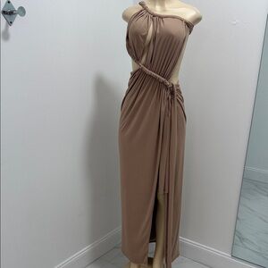 Elegant Tan Women's Draped Midi Dress